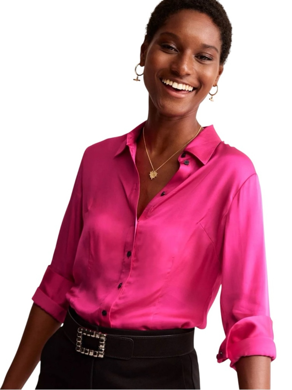 Boden Saskia Satin‎ Shirt Vibrant Pink Button Down Long Sleeve Women’s 6 US